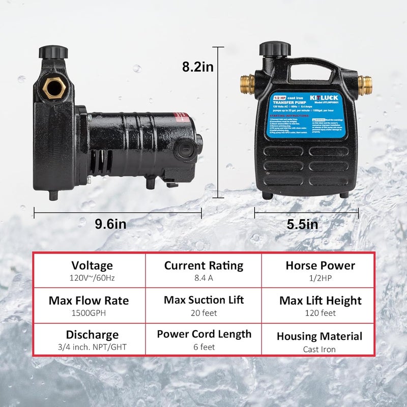 KITLUCK Water Transfer Pump, 120V 1/2 HP 1500GPH Cast Iron Portable Electric Utility Water Pump, Heavy Duty High Pressure Transfer Pump with ON/OFF Switch, Suction Strainer and Brass Connectors - Image 3